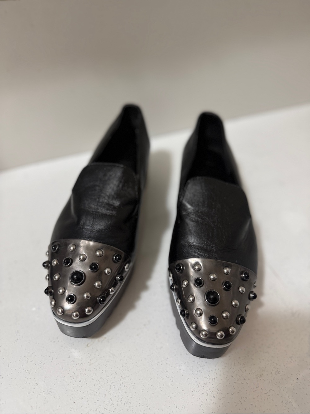 Karl Lagerfeld Paris Black Leather Loafers with Gunmetal Studded Cap